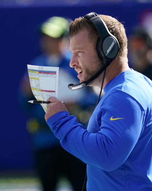 Oct 17, 2021; East Rutherford, New Jersey, USA; Los Angeles Rams head coach Sean McVay during the game against the New York Giants at MetLife Stadium. Mandatory Credit: Robert Deutsch-USA TODAY Sports