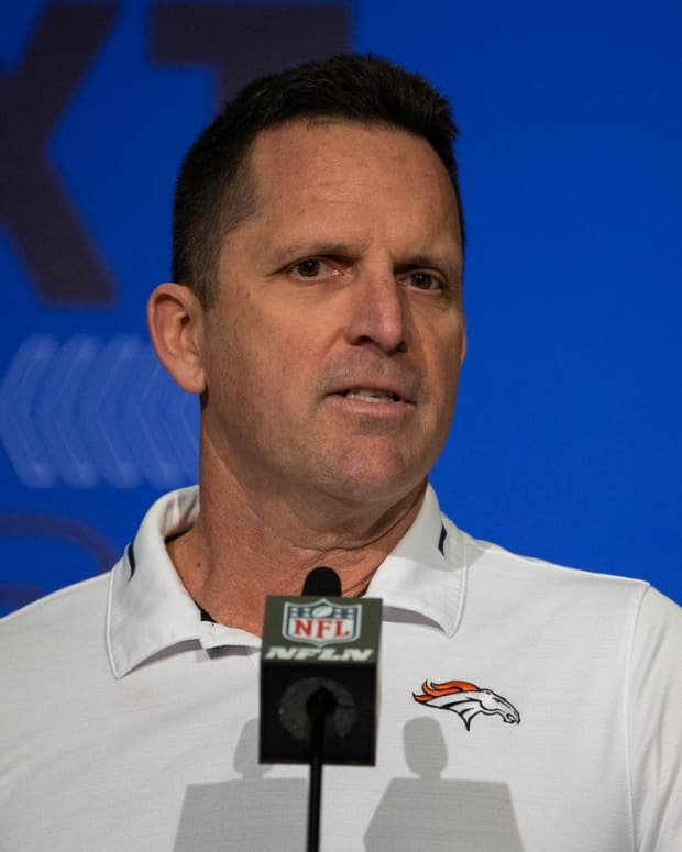 George Paton general manager of the Denver Broncos talks to the media during the 2022 NFL Combine.