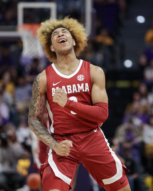 Alabama Crimson Tide guard JD Davison (3) reacts after making a three point basket against the LSU Tigers during the first half at the Pete Maravich Assembly Center.