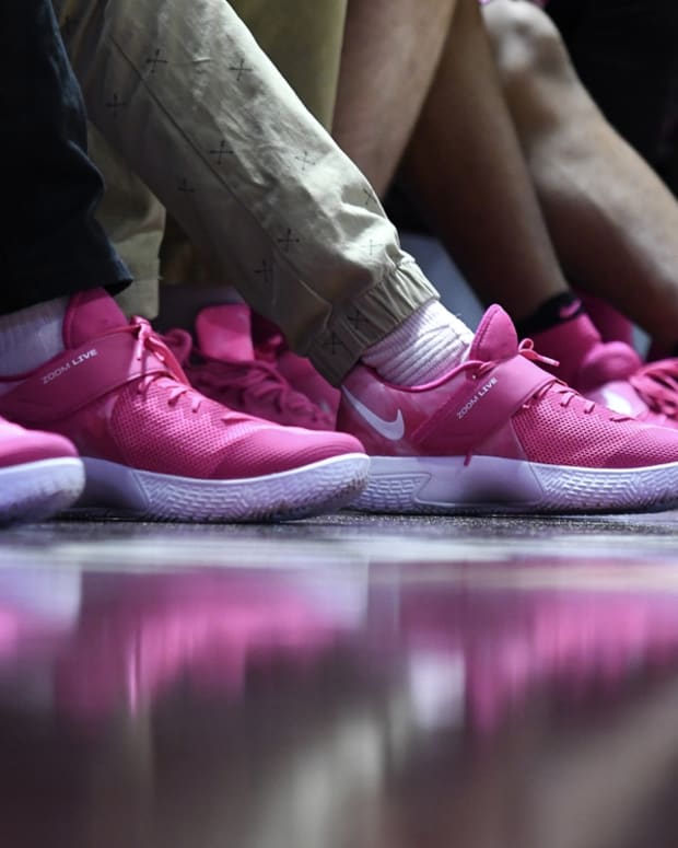 Jan 29, 2017; Blacksburg, VA, USA; Members of the Virginia Tech Hokies bench wear pink shoes to honor breast cancer awareness during the game against the Boston College Eagles at Cassell Coliseum. Mandatory Credit: Michael Shroyer-USA TODAY Sports