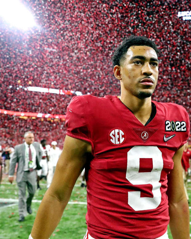 Alabama quarterback Bryce Young (9) reacts after the Crimson Tide got beat by Georgia in the 2022 CFP college football national championship game at Lucas Oil Stadium.