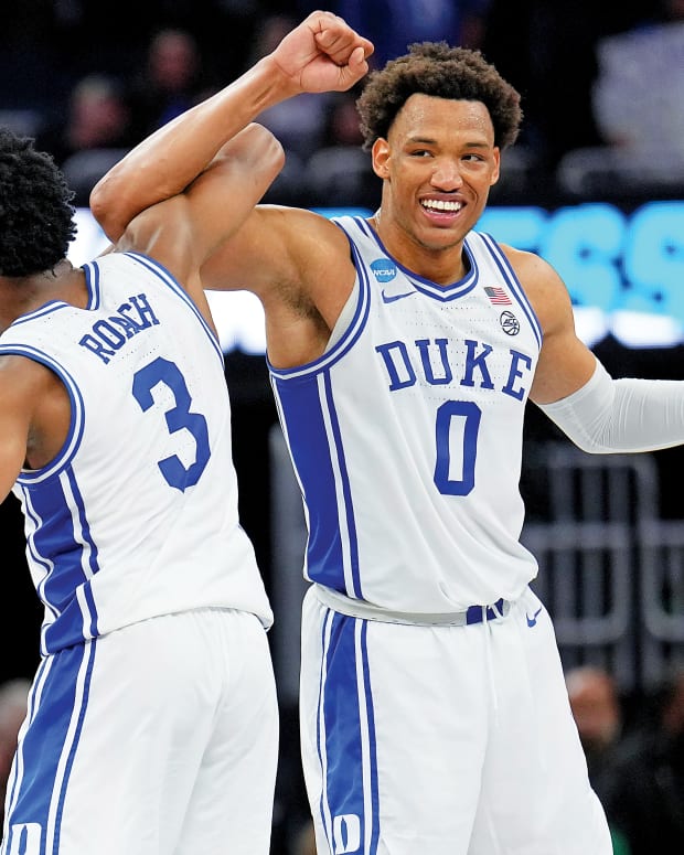 Duke Blue Devils guard Jeremy Roach (3) and forward Wendell Moore Jr. (0) reacts after a play against the Texas Tech Red Raiders during the second half in the semifinals of the West regional in San Francisco. Duke held off the Red Raiders, 78-73.