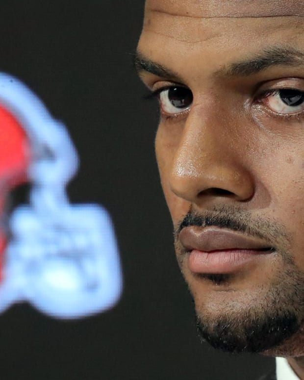 Cleveland Browns quarterback Deshaun Watson listens to questions asked by members of the local media during his introductory press conference at the Cleveland Browns Training Facility on Friday. Watsonpress 1