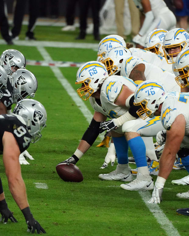 Dec 17, 2020; Paradise, Nevada, USA; Los Angeles Chargers center Dan Feeney (66) lines up the offense against the Los Angeles Chargers defense during the first half at Allegiant Stadium. Mandatory Credit: Kirby Lee-USA TODAY Sports