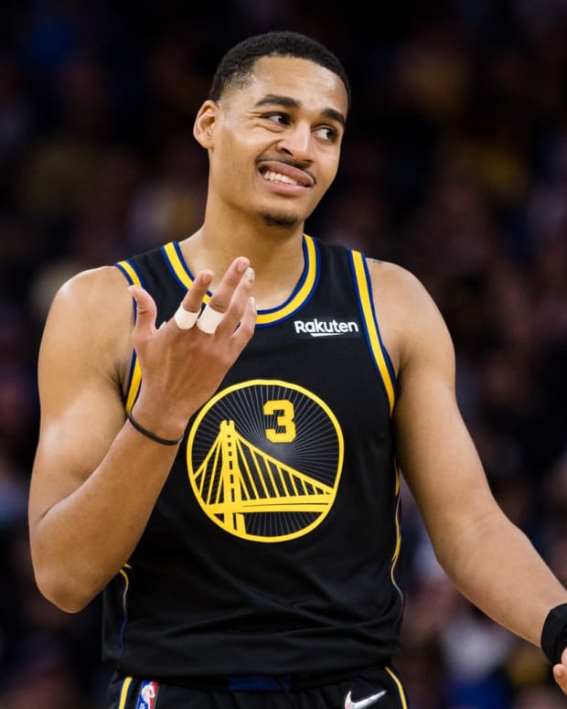 Mar 30, 2022; San Francisco, California, USA; Golden State Warriors guard Jordan Poole (3) reacts during the second half against the Phoenix Suns at Chase Center. Mandatory Credit: John Hefti-USA TODAY Sports