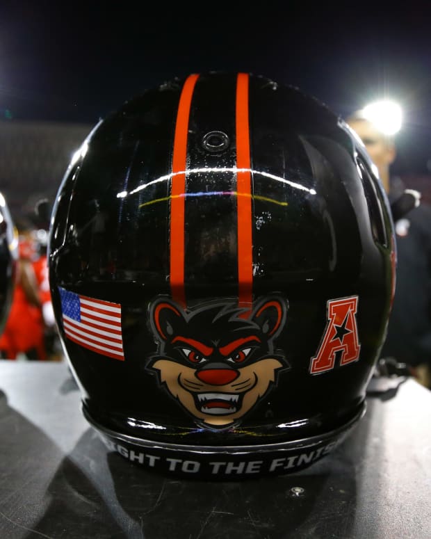 Oct 22, 2016; Cincinnati, OH, USA; A view of the Cincinnati Bearcats logo on a helmet on the sidelines at Nippert Stadium. The Bearcats won 31-19. Mandatory Credit: Aaron Doster-USA TODAY Sports