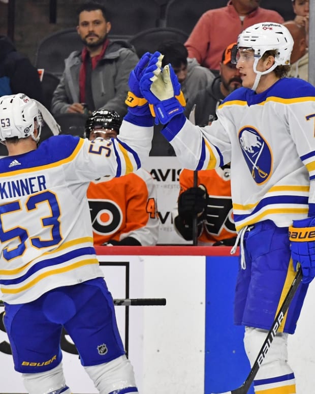 Apr 17, 2022; Philadelphia, Pennsylvania, USA; Buffalo Sabres right wing Tage Thompson (72) celebrates his empty net goal with left wing Jeff Skinner (53) against the Philadelphia Flyers during the third period at Wells Fargo Center. Mandatory Credit: Eric Hartline-USA TODAY Sports