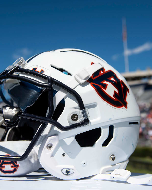 Auburn Tigers helmet on the sideline during the A-Day spring practice at Jordan-Hare Stadium in Auburn, Ala., on Saturday, April 9, 2022.