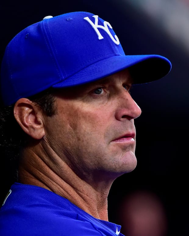 Apr 12, 2022; St. Louis, Missouri, USA; Kansas City Royals manager Mike Matheny (22) looks on from the dugout before a game against the St. Louis Cardinals at Busch Stadium. Mandatory Credit: Jeff Curry-USA TODAY Sports