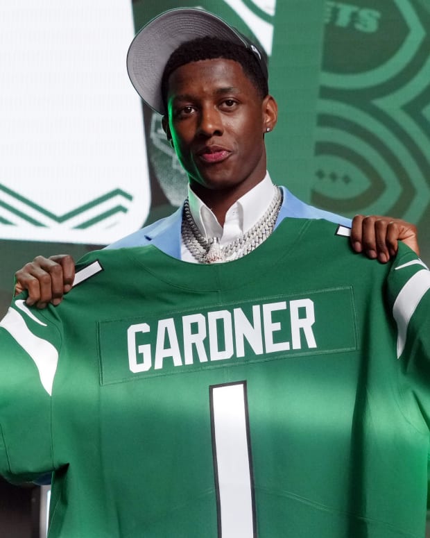 Apr 28, 2022; Las Vegas, NV, USA; Cincinnati cornerback Ahmad 'Sauce' Gardner after being selected as the fourth overall pick to the New York Jets during the first round of the 2022 NFL Draft at the NFL Draft Theater. Mandatory Credit: Kirby Lee-USA TODAY Sports