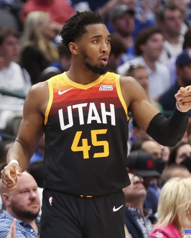 Utah Jazz guard Donovan Mitchell (45) reacts against the Dallas Mavericks during the second quarter in game two of the first round of the 2022 NBA playoffs at American Airlines Center.