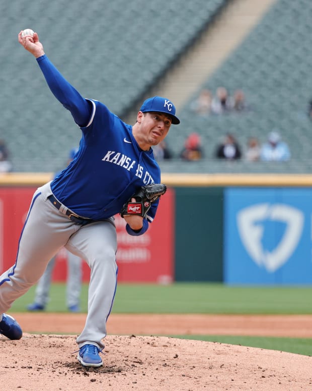 Apr 28, 2022; Chicago, Illinois, USA; Kansas City Royals starting pitcher Brad Keller (56) delivers against the Chicago White Sox during the first inning at Guaranteed Rate Field. Mandatory Credit: Kamil Krzaczynski-USA TODAY Sports