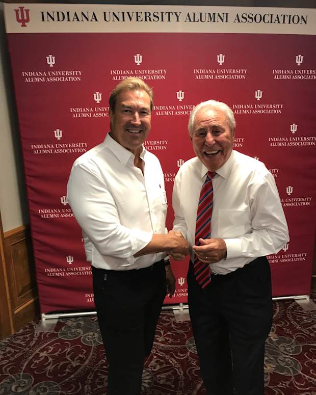 Terry Tallen shakes hands with his former Indiana football coach Lee Corso.