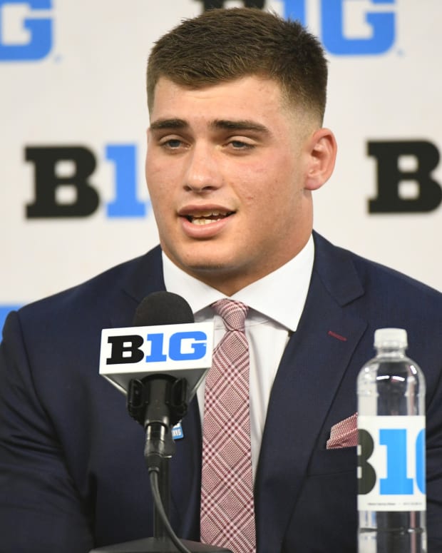 Jul 23, 2021; Indianapolis, Indiana, USA; Indiana Hoosiers linebacker Micah McFadden speaks to the media during Big 10 media days at Lucas Oil Stadium.