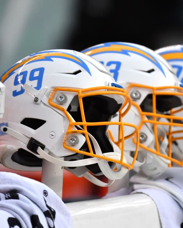 Nov 7, 2021; Philadelphia, Pennsylvania, USA; Los Angeles Chargers helmets on the bench against the Philadelphia Eagles at Lincoln Financial Field. Mandatory Credit: Eric Hartline-USA TODAY Sports