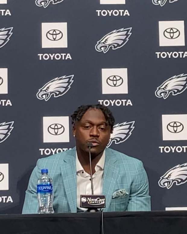 A.J. Brown at his Eagles introductory press conference on May 2, 2022