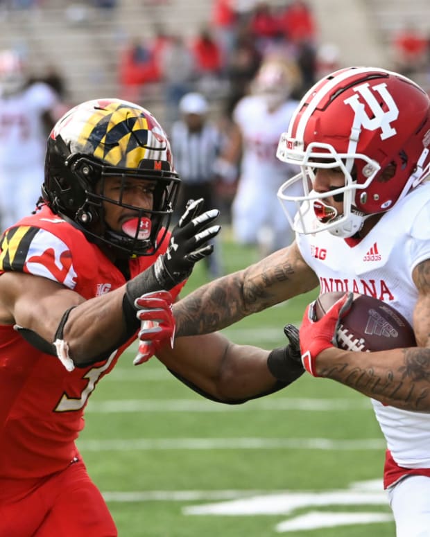 Oct 30, 2021; College Park, Maryland, USA; Indiana Hoosiers wide receiver Ty Fryfogle (3) runs as Maryland Terrapins defensive back Nick Cross (3) defends during the second half at Capital One Field at Maryland Stadium. Mandatory Credit: Tommy Gilligan-USA TODAY Sports