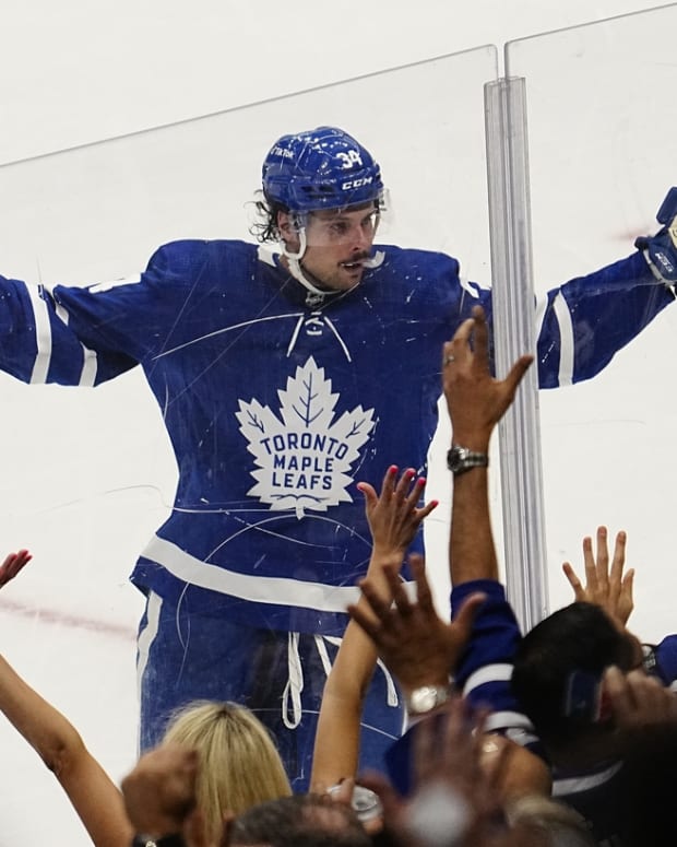 May 2, 2022; Toronto, Ontario, CAN; Toronto Maple Leafs forward Auston Matthews (34) celebrates a goal by forward Mitchell Marner (not pictured) during the second period of game one of the first round of the 2022 Stanley Cup Playoffs against the Tampa Bay Lightning at Scotiabank Arena. Mandatory Credit: John E. Sokolowski-USA TODAY Sports