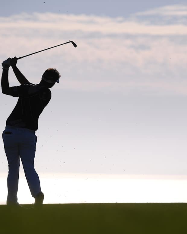 Jan 27, 2022; San Diego, California, USA; Brett Drewitt plays his second shot on the 14th hole during the first round of the Farmers Insurance Open golf tournament at Torrey Pines Municipal Golf Course - North Course. Mandatory Credit: Orlando Ramirez-USA TODAY Sports