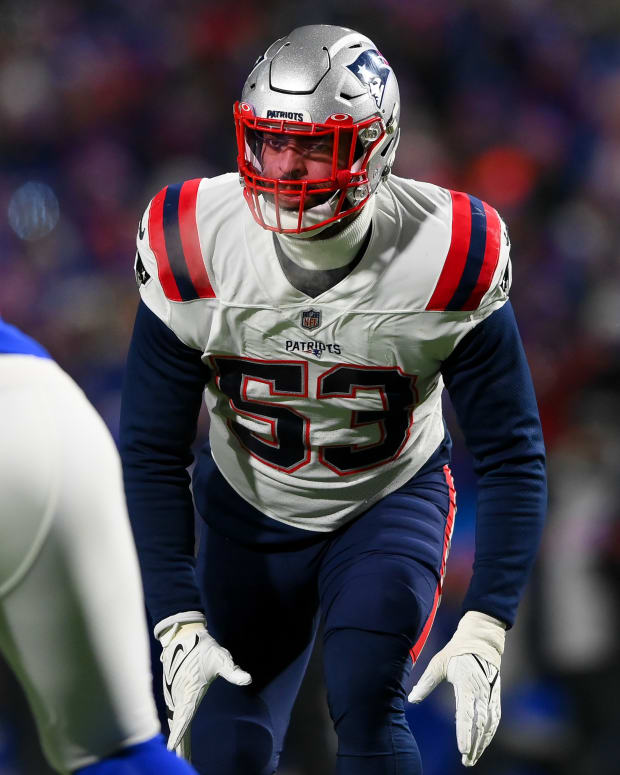 Jan 15, 2022; Orchard Park, New York, USA; New England Patriots middle linebacker Kyle Van Noy (53) lines up across from Buffalo Bills offensive tackle Spencer Brown (79) during the first half in an AFC Wild Card playoff football game at Highmark Stadium. Mandatory Credit: Rich Barnes-USA