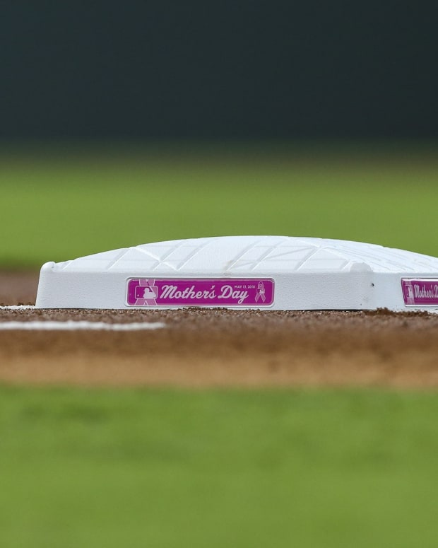May 13, 2018; Houston, TX, USA; Detail view of first base commemorating mothers day before a game between the Houston Astros and the Texas Rangers at Minute Maid Park.