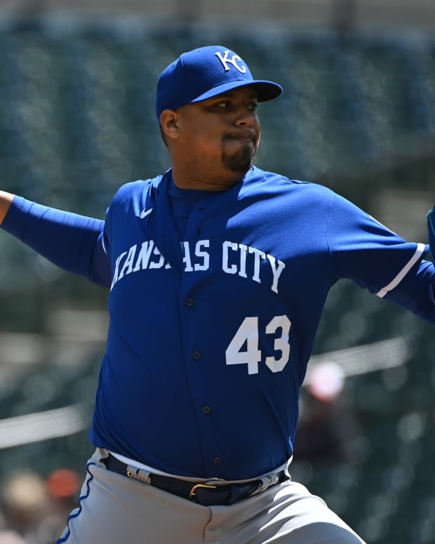 May 9, 2022; Baltimore, Maryland, USA; Kansas City Royals relief pitcher Carlos Hernandez (43) delivers a first inning pitch against the Baltimore Orioles at Oriole Park at Camden Yards. Mandatory Credit: Tommy Gilligan-USA TODAY Sports
