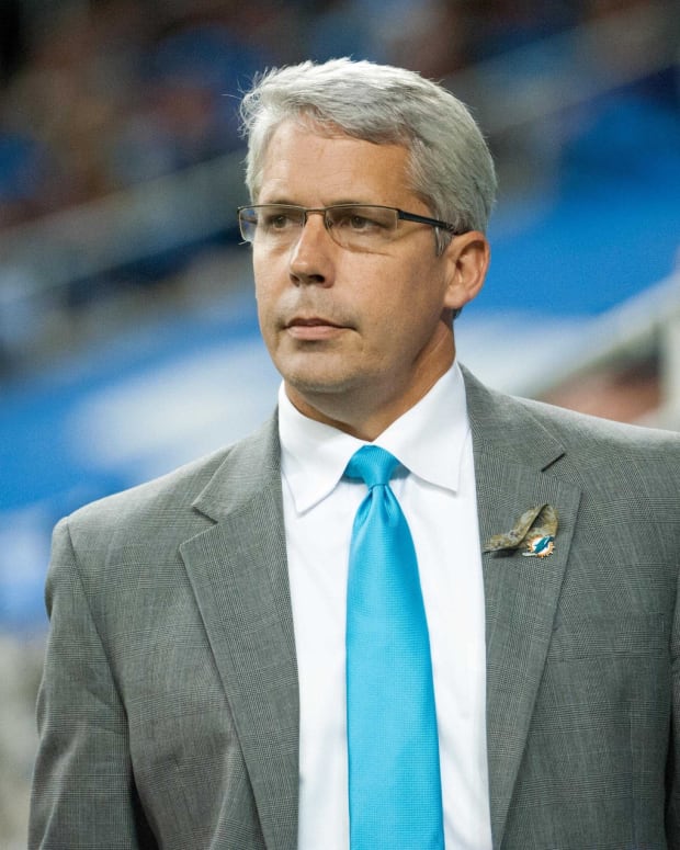 Nov 9, 2014; Detroit, MI, USA; Miami Dolphins general manager Dennis Hickey during the game against the Detroit Lions at Ford Field. Detroit won 20-16.