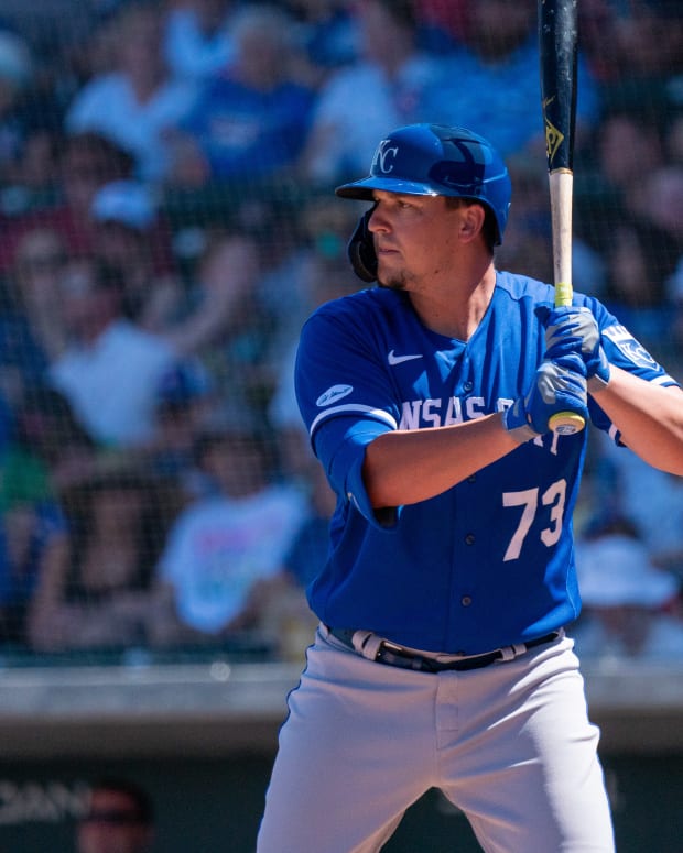 Mar 27, 2022; Mesa, Arizona, USA; Kansas City Royals designated hitter Vinnie Pasquantino (73) at bat in the second inning during a spring training game against the Chicago Cubs at Sloan Park. Mandatory Credit: Allan Henry-USA TODAY Sports