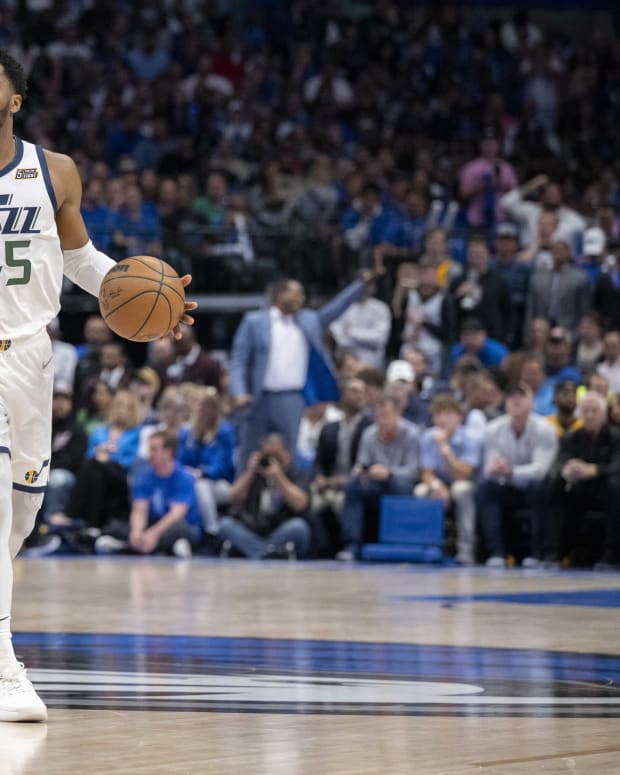 Utah Jazz guard Donovan Mitchell (45) in action during the game between the Dallas Mavericks and the Utah Jazz in game five of the first round for the 2022 NBA playoffs at American Airlines Center.