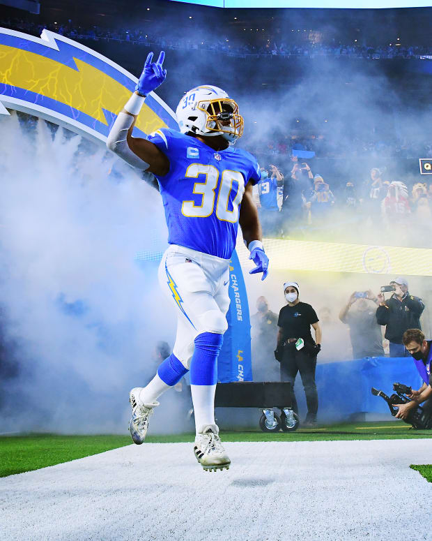 Dec 16, 2021; Inglewood, California, USA; Los Angeles Chargers running back Austin Ekeler (30) is introduced before playing against the Kansas City Chiefs at SoFi Stadium. Mandatory Credit: Gary A. Vasquez-USA TODAY Sports
