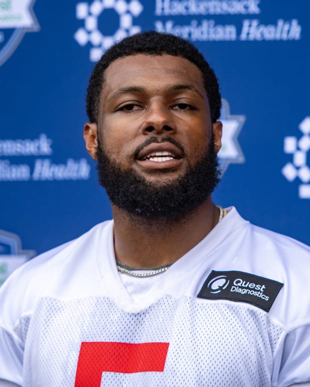 May 13, 2022; East Rutherford, NJ, USA; New York Giants linebacker Kayvon Thibodeaux (5) speaks to the media during rookie camp at Quest Diagnostics Training Center.