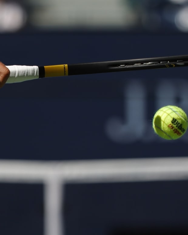 Sep 4, 2021; Flushing, NY, USA; Novak Djokovic of Serbia bounces a ball prior to serving against Kei Nishikori of Japan (not pictured) on day six of the 2021 U.S. Open tennis tournament at USTA Billie Jean King National Tennis Center. Mandatory Credit: Geoff Burke-USA TODAY Sports