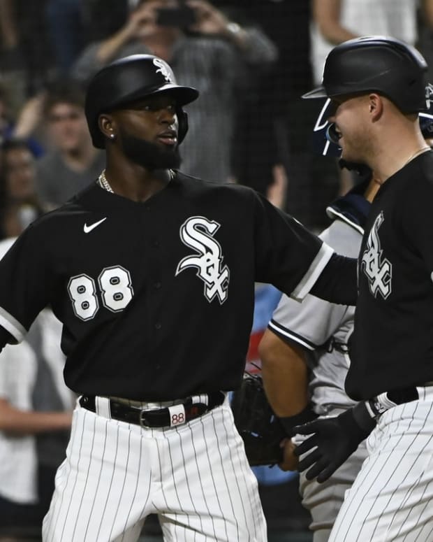 May 13, 2022; Chicago, Illinois, USA; Chicago White Sox designated hitter Gavin Sheets (32) celebrates with Chicago White Sox center fielder Luis Robert (88) after they score on Sheets' two run home run against the New York Yankees during the sixth inning at Guaranteed Rate Field. Mandatory Credit: Matt Marton-USA TODAY Sports