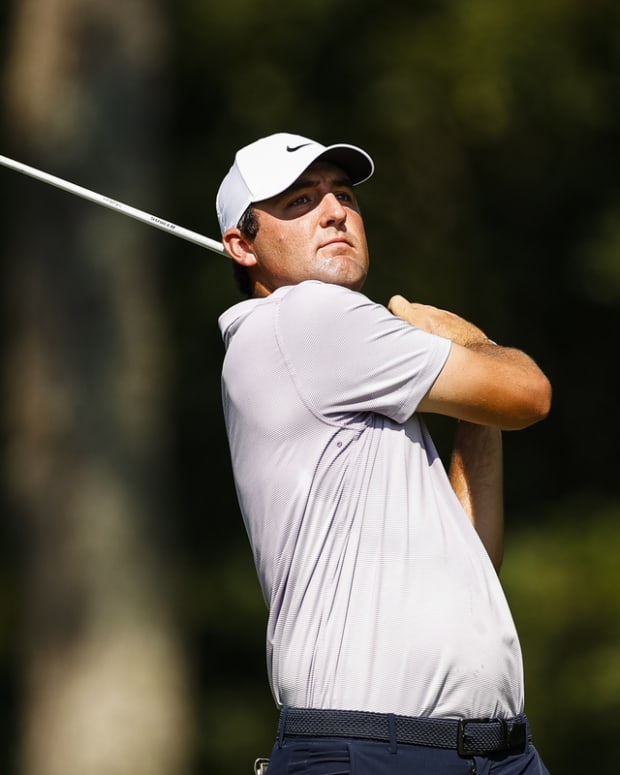 Aug 26, 2021; Owings Mills, Maryland, USA; Scottie Scheffler plays his shot from the second tee during the first round of the BMW Championship golf tournament. Mandatory Credit: Scott Taetsch-USA TODAY Sports