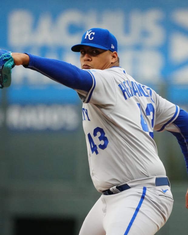 May 14, 2022; Denver, Colorado, USA; Kansas City Royals relief pitcher Carlos Hernandez (43) delivers a pitch in the first inning against the Colorado Rockies at Coors Field. Mandatory Credit: Ron Chenoy-USA TODAY Sports