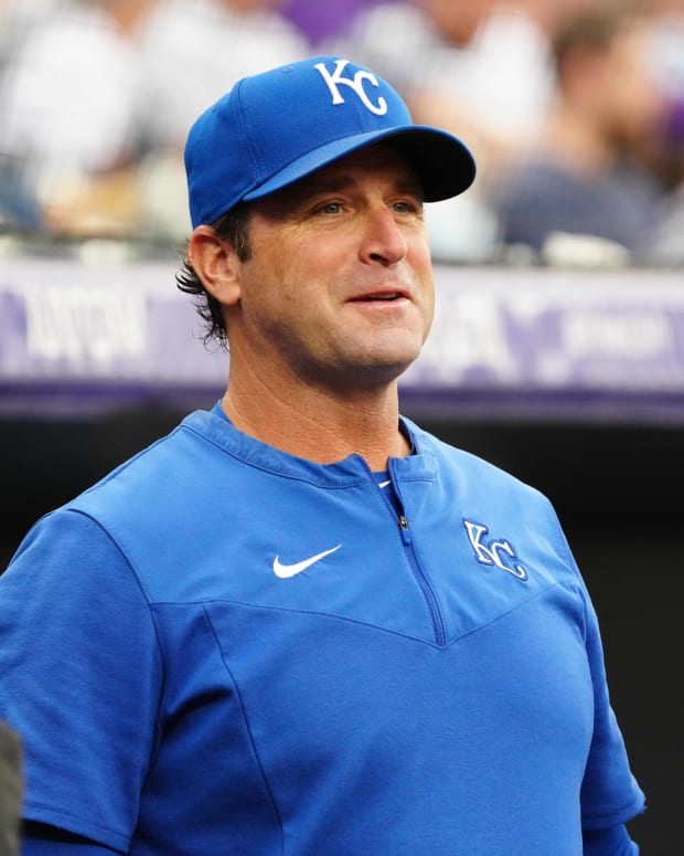 May 14, 2022; Denver, Colorado, USA; Kansas City Royals manager Mike Matheny (22) before the game against the Colorado Rockies at Coors Field. Mandatory Credit: Ron Chenoy-USA TODAY Sports