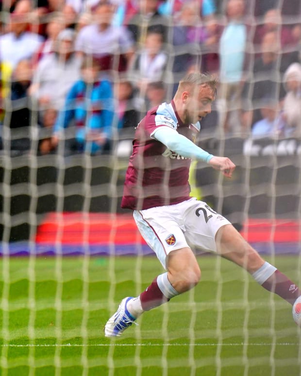 Jarrod Bowen pictured scoring for West Ham against Manchester City in May 2022