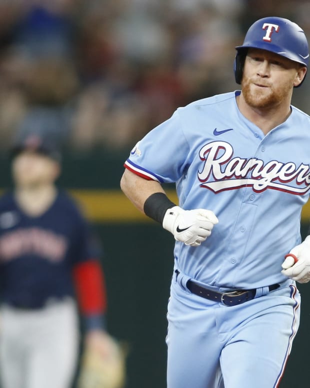 May 15, 2022; Arlington, Texas, USA; Texas Rangers right fielder Kole Calhoun (56) rounds the bases after hitting a home run against the Boston Red Sox in the sixth inning at Globe Life Field.
