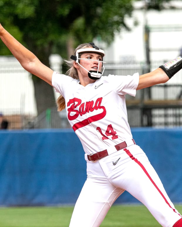 Alabama's Montana Fouts (14) was the starting pitcher in the game against Missouri in Game 7 of the SEC Tournament, Thursday, May 12, 2022, at Katie Seashole Pressly Stadium in Gainesville, Florida