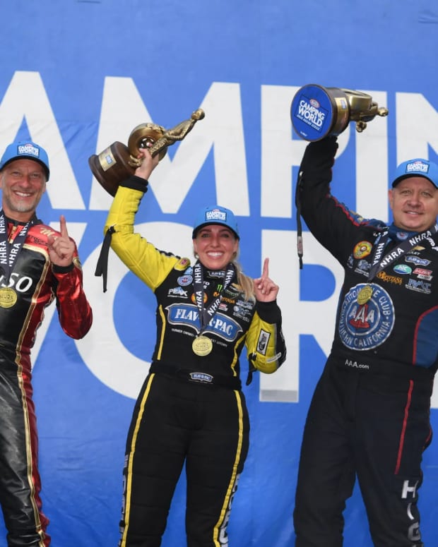 Sunday's big winners in the NHRA Virginia Nationals (from left): Matt Smith (Pro Stock Motorcycle), Brittany Force (Top Fuel) and Robert Hight (Funny Car). Photo courtesy NHRA.