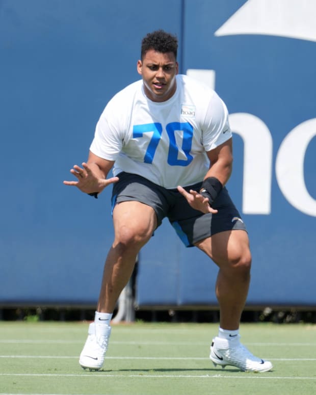 May 14, 2021; Costa Mesa, CA, USA; Los Angeles Chargers tackle Rashawn Slater (70) during rookie minicamp at Hoag Performance Center. Mandatory Credit: Kirby Lee-USA TODAY Sports