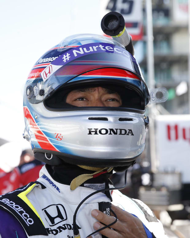 Takuma Sato waited until almost the day was over to record the fastest speed in Tuesday's first day of practice for the Indianapolis 500. IndyCar photo: Chris Jones.