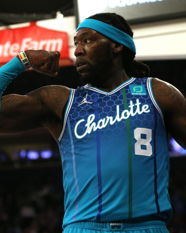 Charlotte Hornets center Montrezl Harrell (8) reacts after a dunk and a foul against the New York Knicks during the second quarter at Madison Square Garden.