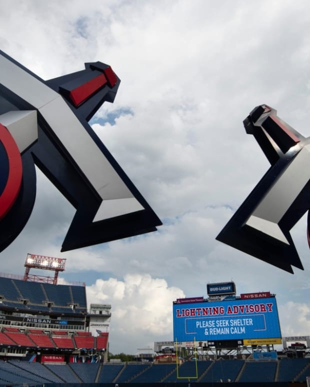 Pregame warm ups are halted as lightning moves into the area before an NFL Preseason game between the Tennessee Titans and the Chicago Bears at Nissan Stadium Saturday, Aug. 28, 2021 in Nashville, Tenn.