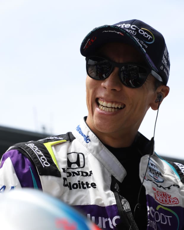 Takuma Sato was all smiles for the second straight day after being fastest in Indy 500 practice on Thursday. Photo: IndyCar / Matt Fraver.