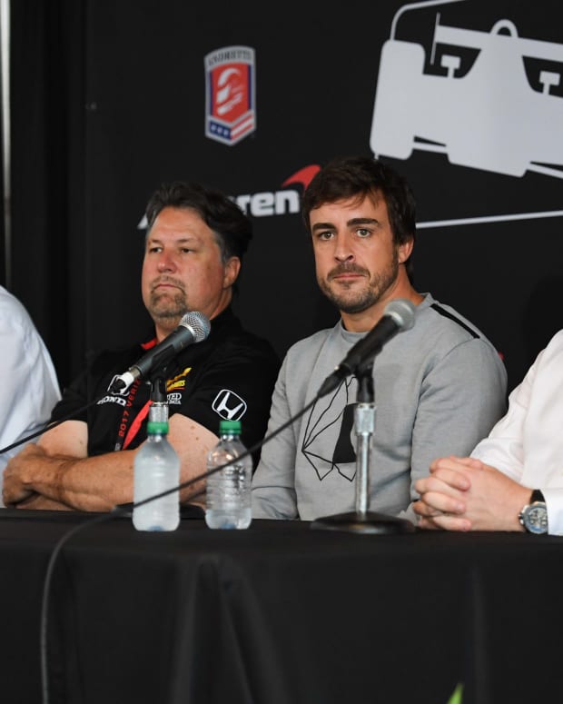 Michael Andretti and Zak Brown have their eye on even greater growth for both IndyCar and F1 in the near future. Pictured together in 2017 are, from left, Penske Entertainment president Mark Miles, Andretti, F1 champ Fernando Alonso and Brown. Photo: Shanna Lockwood / USA Today Sports.