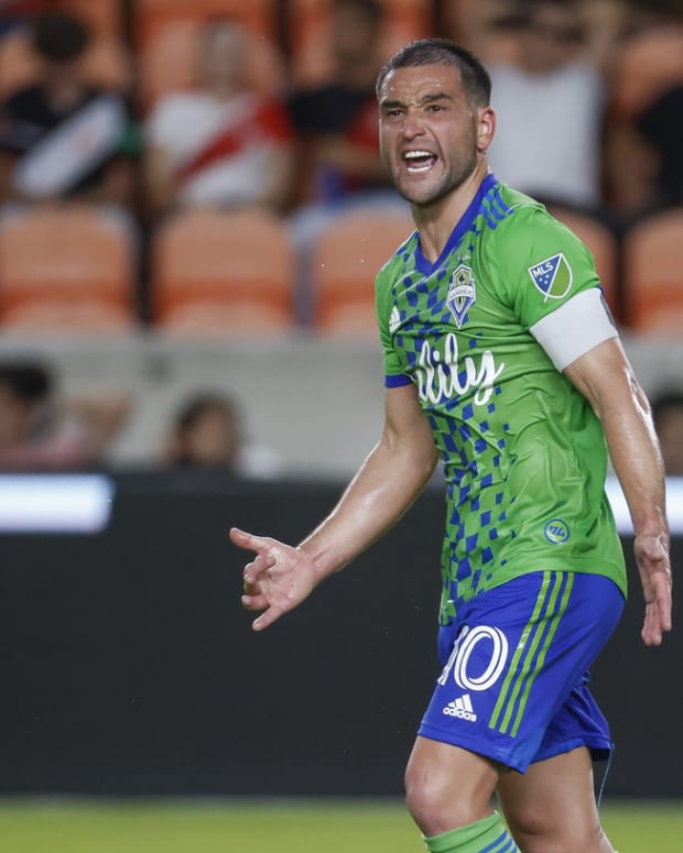 May 18, 2022; Houston, Texas, USA; Seattle Sounders FC midfielder Nicolas Lodeiro (10) reacts during the second half against the Houston Dynamo FC at PNC Stadium. Mandatory Credit: Troy Taormina-USA TODAY Sports