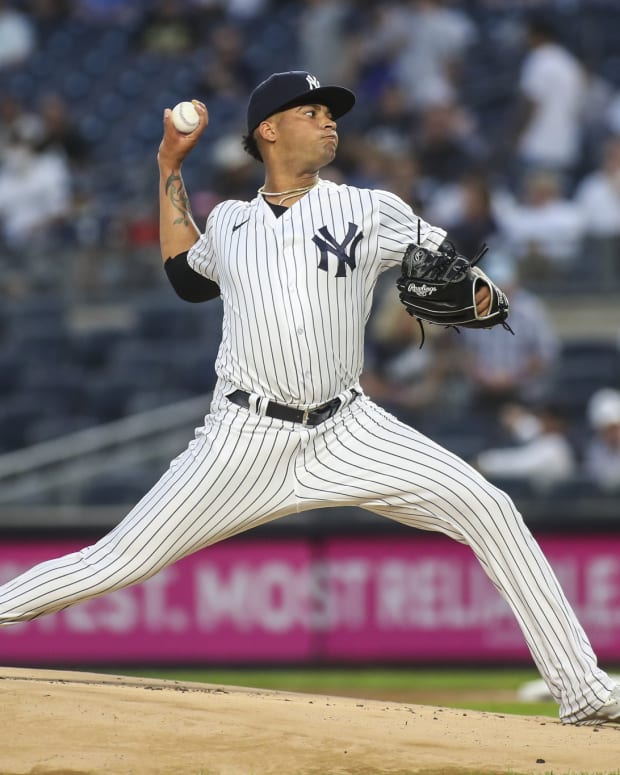 New York Yankees SP Luis Gil pitching at Yankee Stadium