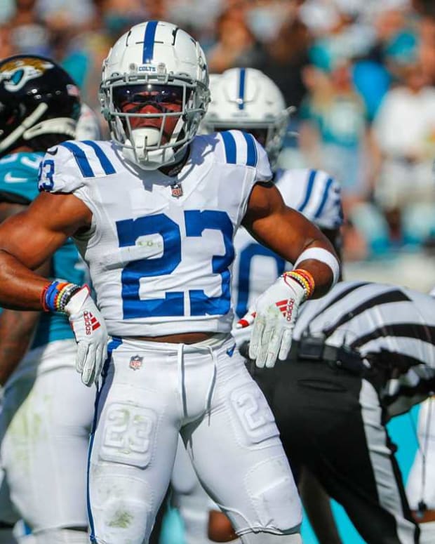 Indianapolis Colts cornerback Kenny Moore II (23) celebrates after a tackle during the first quarter of the game Sunday, Jan. 9, 2022, at TIAA Bank Field in Jacksonville, Fla. The Indianapolis Colts Versus Jacksonville Jaguars On Sunday Jan 9 2022 Tiaa Bank Field In Jacksonville Fla