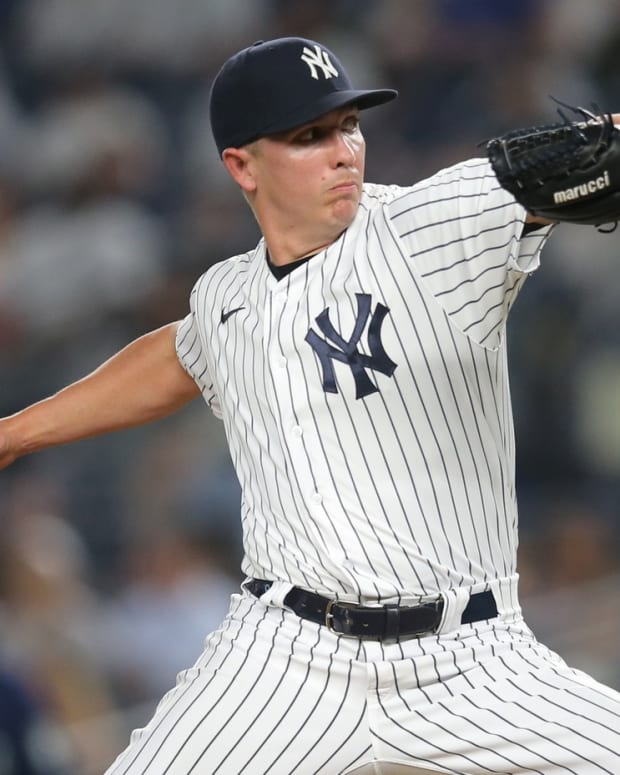 New York Yankees reliever Chad Green pitching in pinstripes
